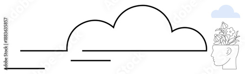 Abstract head silhouette with blooming flowers paired with cloud lines evokes growth, imagination, mindfulness, and creativity. Ideal for innovation, mental health, personal growth, education, focus