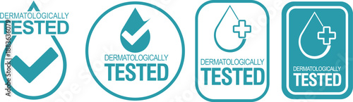 Set of dermatologically tested vector labels with water drop logo, Dermatologically tested icons and clinically proven by dermatologists for allergy-free, healthy and safe product packaging labels.