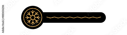 Gold snowflake sticker seal with round lid and element in black and crayon line style. Black package ornament, xmas symbol snow flake for holiday or gift box use. Decorative modern packaging.