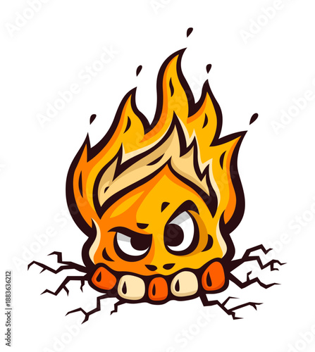 Angry hot fire face with burning head flames and embers. Simple contour outlines. Vector Illustration Isolated.