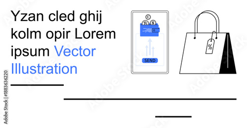 Mobile payments, e-commerce, online shopping, financial transactions, digital security, retail discounts. A smartphone display with a payment process and a shopping bag. Mobile payments