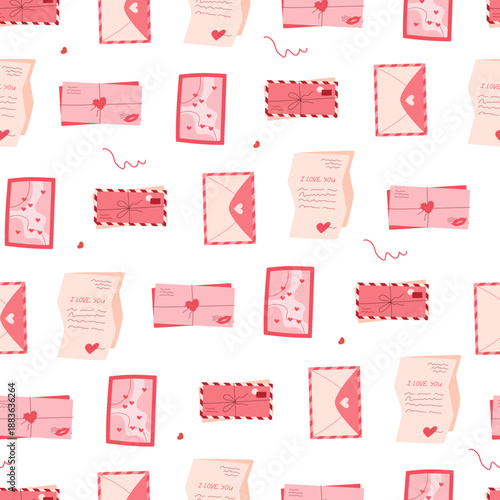 Seamless pattern with love mail, flat heart envelope, valentine card, note and message background. Repeating romantic envelope and card design. Valentine heart message mail theme. Creative flat