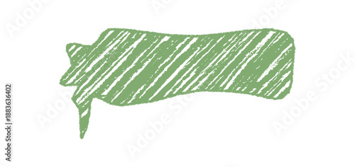 Green wavy speech balloon in organic chalk sketch. Diagonal box bubble for chat and comment with message and conversation motif. Hand drawn element, distinct graphic style, usable for communication