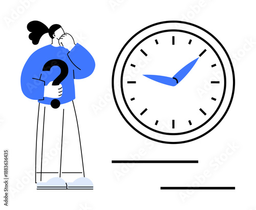 Woman holding a question mark, standing near a large clock, contemplating time. Ideal for productivity, planning, deadlines, decision-making, time management goals problem-solving. Simple flat
