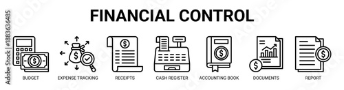 Financial Control web banner icon vector illustration concept with icon of budget, expense tracking, receipts, cash register, accounting book, financial documents, and financial report.
