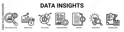 Data Insights web banner icon vector illustration concept with icon of data analytics, analytics, pie chart, management report, financial report, research, and scheduling.