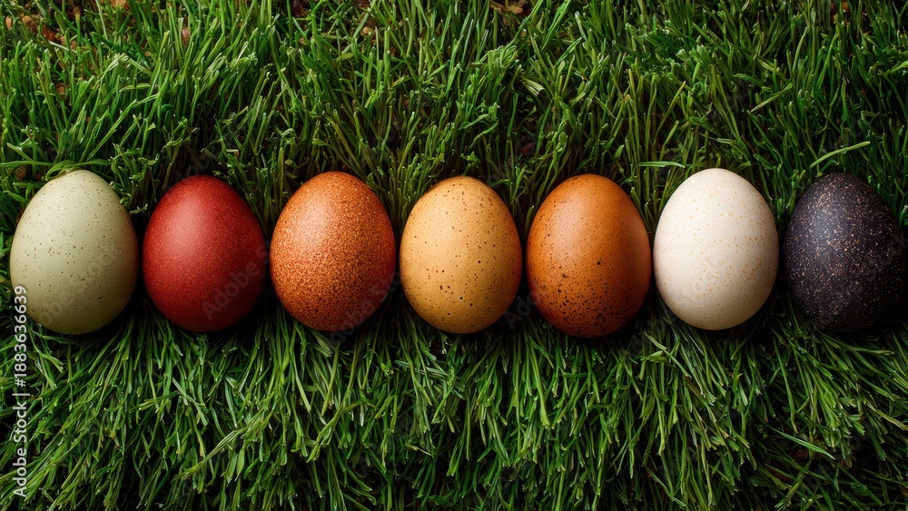 Fototapeta premium Colorful easter eggs arranged on lush green grass - perfect for easter celebration themes