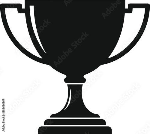 Minimal vector silhouette, classic trophy cup with two side handles and round base, solid black, isolated on white.