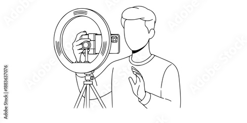 Social Media Influencer Recording Video Content with Ring Light and Tripod Setup Vector