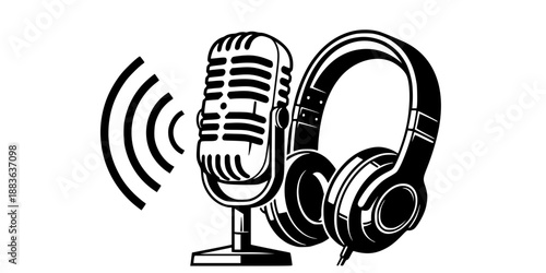 Podcast Audio Content Marketing Microphone with Sound Waves and Headphones Vector