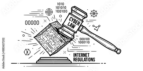 Cyber Law Concept Gavel Hitting Digital Block for Internet Regulations Vector