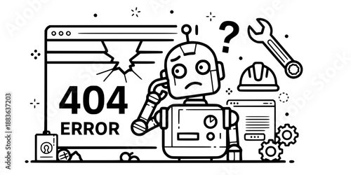 Website Maintenance 404 Error Page with Confused Robot Illustration Vector