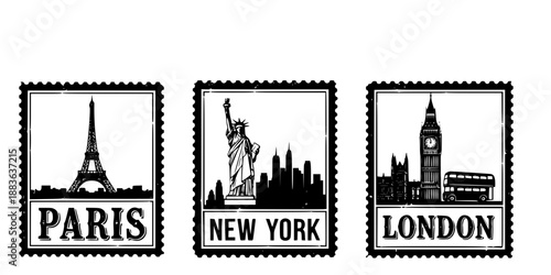 Vintage Travel Stamps Collection Paris New York London for Tourism Marketing Vector