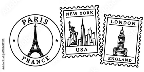 Vintage Travel Stamps Collection Paris New York London for Tourism Marketing Vector