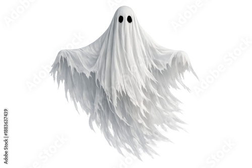 Ghost character floating with tattered white sheet, symbolizing halloween, horror, and spooky supernatural spirits