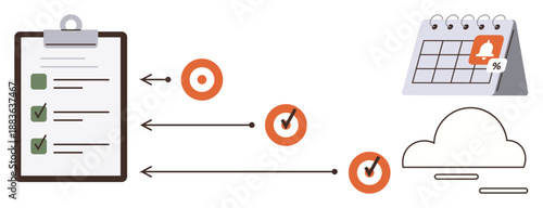 Organization, productivity, task tracking, cloud technology, reminders, workflow management. Checklist with completed tasks, calendar reminder and cloud icon. Organization and productivity concept