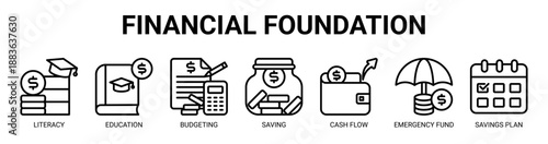 Financial Foundation web banner icon vector illustration concept with icon of financial literacy, financial education, budgeting, saving, cash flow, emergency fund, and savings plan.