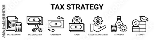 Tax Strategy web banner icon vector illustration concept with icon of tax planning, tax deducted, cash flow, cash management, asset management, investment strategy, and financial literacy.