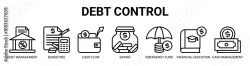 Debt Control web banner icon vector illustration concept with icon of debt management, budgeting, cash flow, saving, emergency fund, financial education, and cash management.