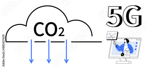 CO2 reduction concept. CO2 reduction with cloud and arrows for environmental focus, integrated with 5G technology and digital tools. CO2 reduction for sustainability, tech innovation. Key