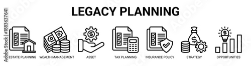 Legacy Planning web banner icon vector illustration concept with icon of estate planning, wealth management, asset management, tax planning, insurance policy, investment strategy, and opportunities.