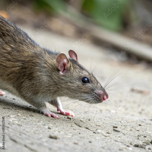 A small brown mouse is walking on a concrete surface with a blurred background of greenery and debris.