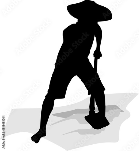 Vector image of a silhouette of a farmer hoeing in a field on a white background
