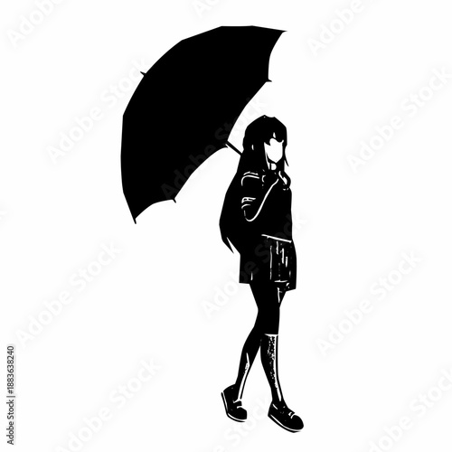 Black silhouette of a young woman holding an umbrella, minimalist vector illustration isolated on white background, suitable for logo, fashion, weather, or concept design.