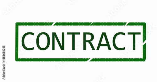 Green contract stamp text in rectangular frame with grunge texture, vector illustration isolated on white background for legal, business, or agreement concepts.