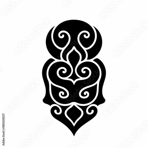 Abstract black ornamental face logo, tribal inspired vector illustration isolated on white background for branding, emblem, or artistic design.