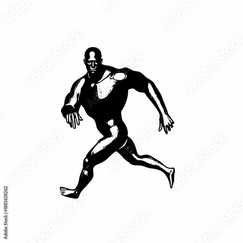 Black silhouette illustration of a muscular man running, dynamic vector isolated on white background for sport, fitness, or action design concepts.