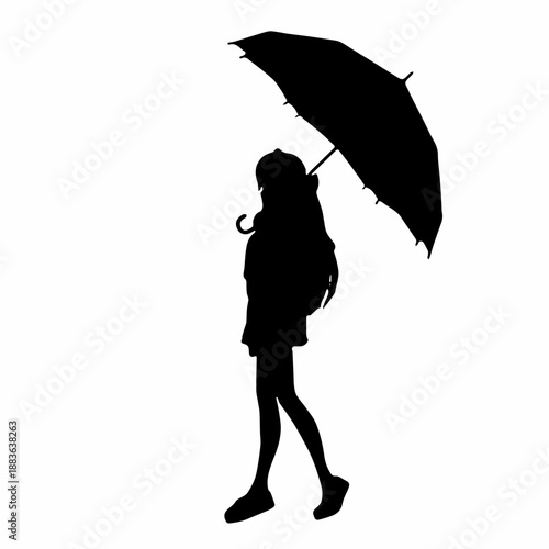 Silhouette of a woman walking with umbrella, minimalist black vector illustration isolated on white background for weather, lifestyle, or fashion concepts.