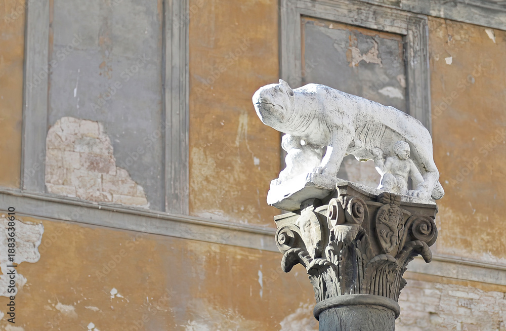 Obraz premium The Lupa Senese (wolf of Siena) symbol of the city, with the small Senius, founder of Siena, on an ornate dark column against weathered wall with flaked paint in Tuscany, Italy