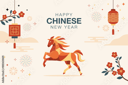 Happy Chinese 2026 New Year Banner with Horse Zodiac, Lanterns, Fireworks and Blossom Branches, Vector Illustration. Chinese New Year Greeting Card Template. Chinese New Year Festive Background