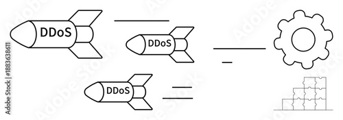 DDoS attack. DDoS attack with missiles targeting a gear and firewall a cybersecurity threat. DDoS impacting systems worldwide. For IT security, defense strategies, network protection