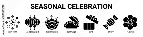 Seasonal Celebration web banner icon vector illustration concept with icon of new year, lantern light, firecracker, dumpling, gift, candy, and flower.