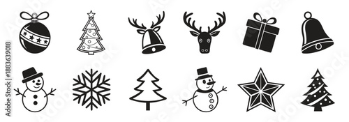 Set of Black and White Christmas Themed Icons Clean Minimal Silhouette Style Featuring Trees, Bells, Snowmen, Gifts, Stars, Ornaments, and Festive Holiday Symbols