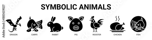 Symbolic Animals web banner icon vector illustration concept with icon of dragon, carps, rabbit, pig, rooster, chicken, and fish.