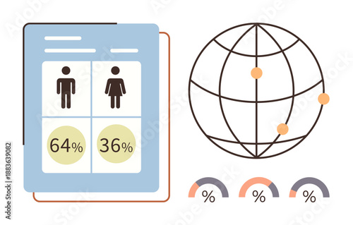 Data analysis, demographics, diversity trends, global studies, statistics, gender equality. Male and female percentages with a globe and chart. Data analysis and demographics focus