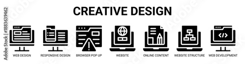 Creative Design web banner icon vector illustration concept with icon of web design, responsive design, browser pop up, website, online content, website structure, and web development.