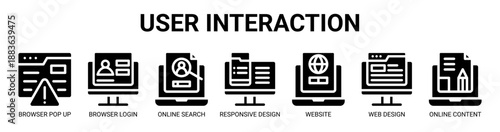 User Interaction web banner icon vector illustration concept with icon of browser pop up, browser login, online search, responsive design, website, web design, and online content.