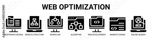 Web Optimization web banner icon vector illustration concept with icon of responsive design, website structure, workflow, algorithm, web development, website coding, and online search.