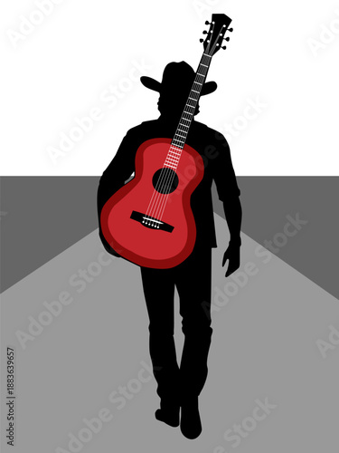 An image of a silhouette of a guitarist in a hat walking down a road into the distance with a red guitar behind his back in vector format, very easy to edit for your designs in the style of free music