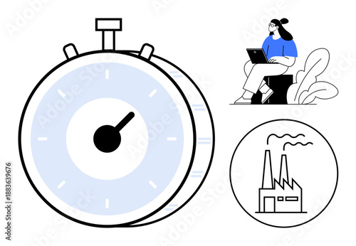 Time management concept. ion of a stopwatch, industry factory, and person working on a laptop. Time management in business, productivity, industrial operations, and remote work. For business