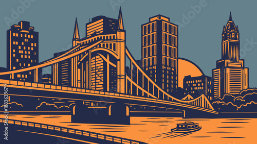 Pittsburgh skyline featuring river, bridges, boats,  iconic buildings. Suitable for travel blogs, city guides, or promotional materials.