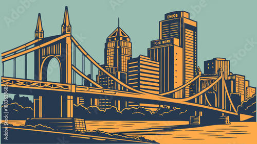 Pittsburgh skyline with bridge, capturing city view in pennsylvania. Suitable for travel websites, city guides, promotional material, and skyline showcases.