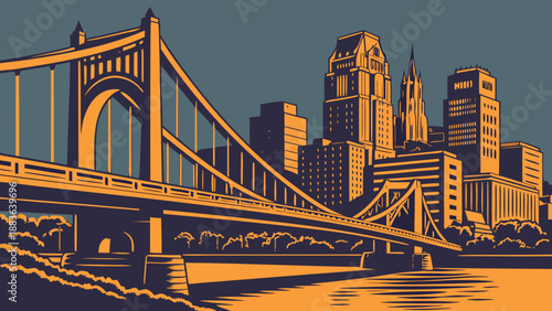 Pittsburgh skyline with bridge, cityscape, and rivers, suitable for travel websites, urban development brochures, and pennsylvaniathemed advertising materials.