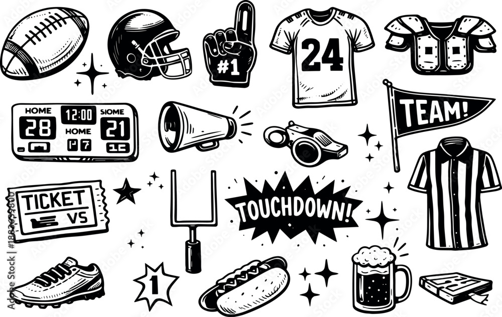 Fototapeta premium Hand drawn American football equipment and game elements set in doodle sketch style. Collection includes helmet, ball, jersey, gloves, goal posts and fan symbols isolated on white background.