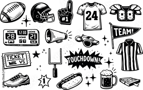 Hand drawn American football equipment and game elements set in doodle sketch style. Collection includes helmet, ball, jersey, gloves, goal posts and fan symbols isolated on white background.