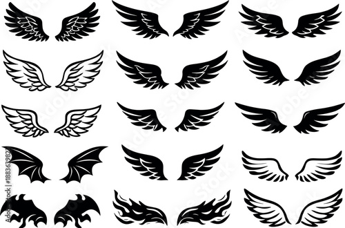 Wing icons and badges vector set featuring eagle, angel and bird wings in black. Decorative wing symbols suitable for aviation branding, military patches and emblem design.